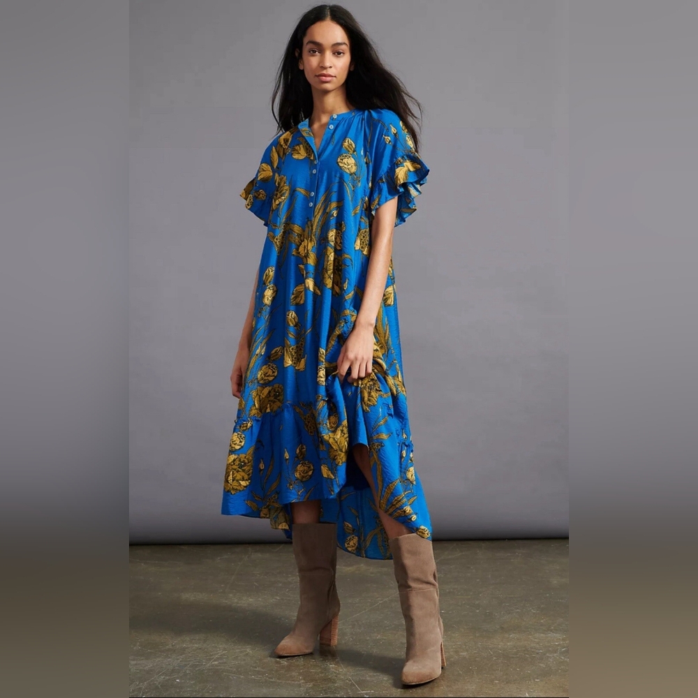 Anthropologie Blue and Yellow High Low Dress